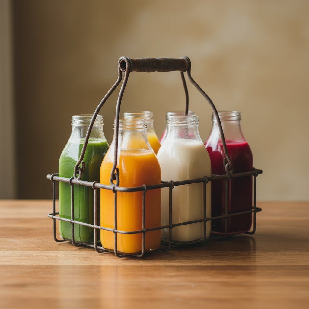 Vintage wire carrier holding colorful cold-pressed juice bottles